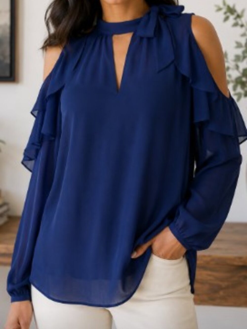 LOFT Cold Shoulder Ruffle Blouse (Style# 451709), Size Large *NWOT